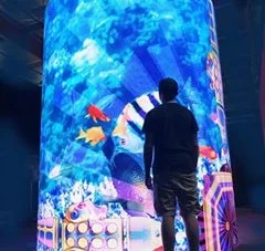 LED-экран цилиндрической формы, высота 2500мм, диаметр 1500мм, длина окружности 4710мм, шаг пикселя 4мм, площадь 1,2м2, уличная яркость 4500кд