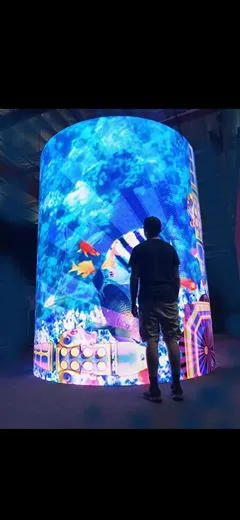 LED-экран цилиндрической формы, высота 2500мм, диаметр 1500мм, длина окружности 4710мм, шаг пикселя 4мм, площадь 1,2м2, уличная яркость 4500кд